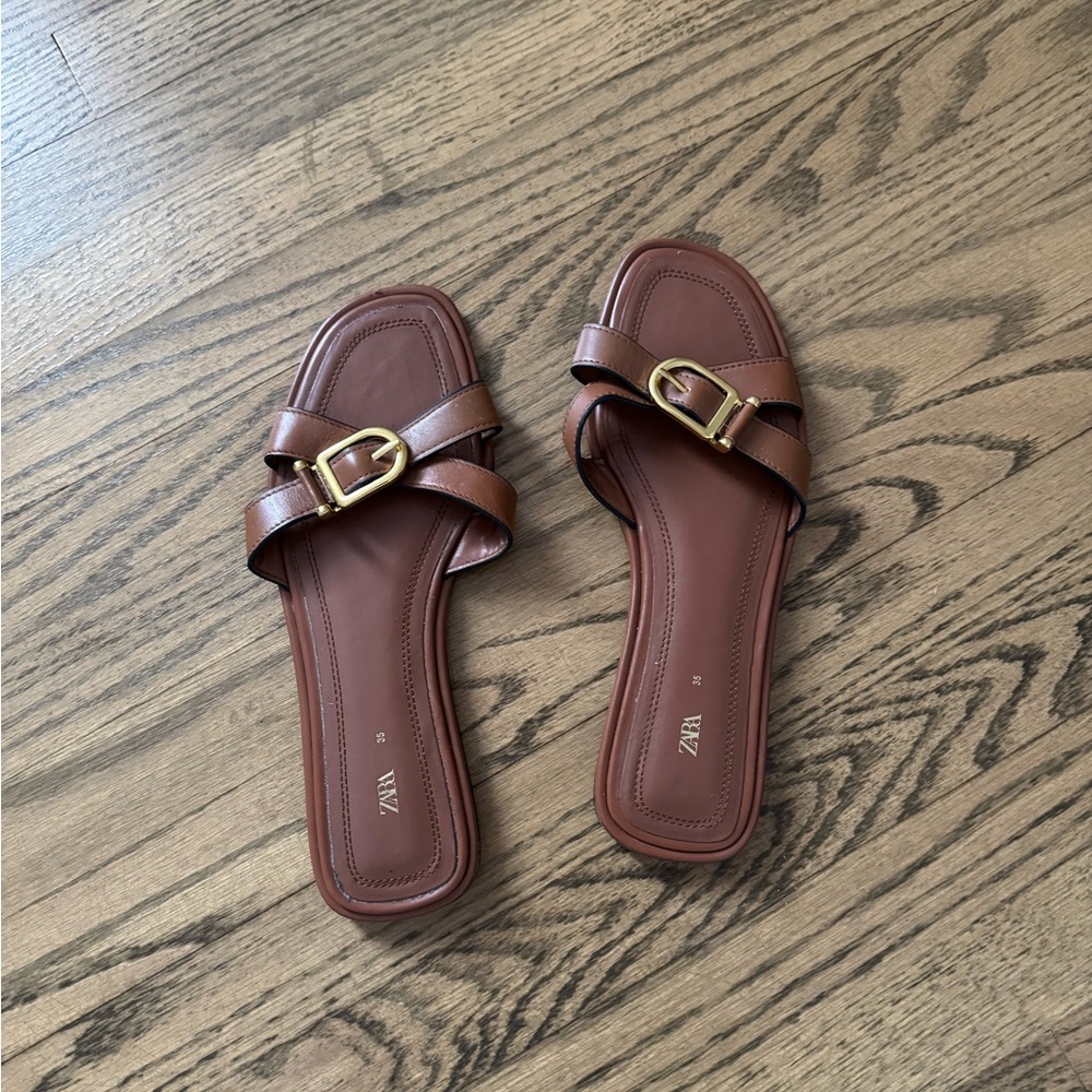 Zara Tan Buckle Slide Sandals